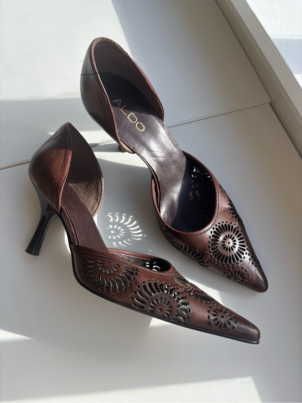 ALDO Brown Pointed D'Orsay Heels with Laser-Cut Floral Detail